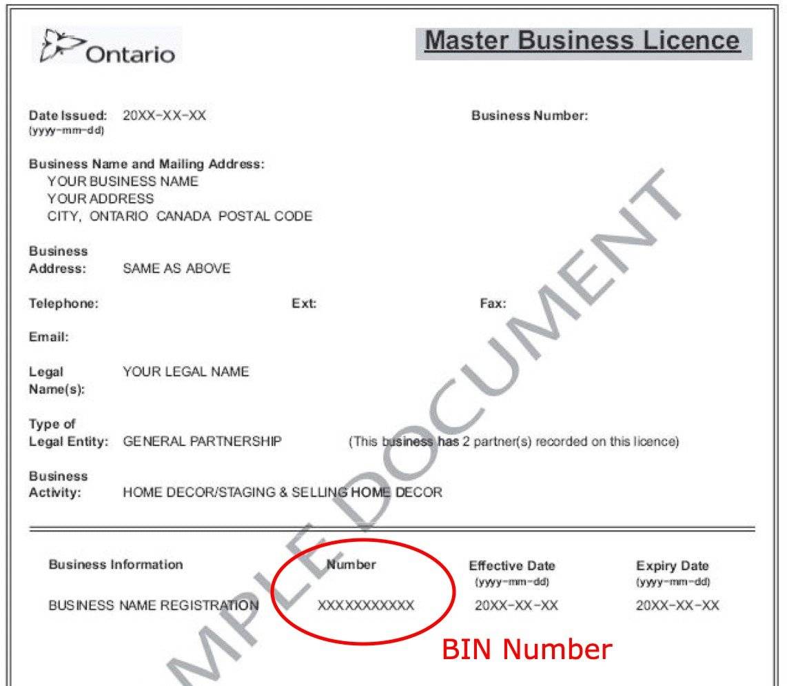 Ontario Master Business Licence BIN (Business Identification Number) location