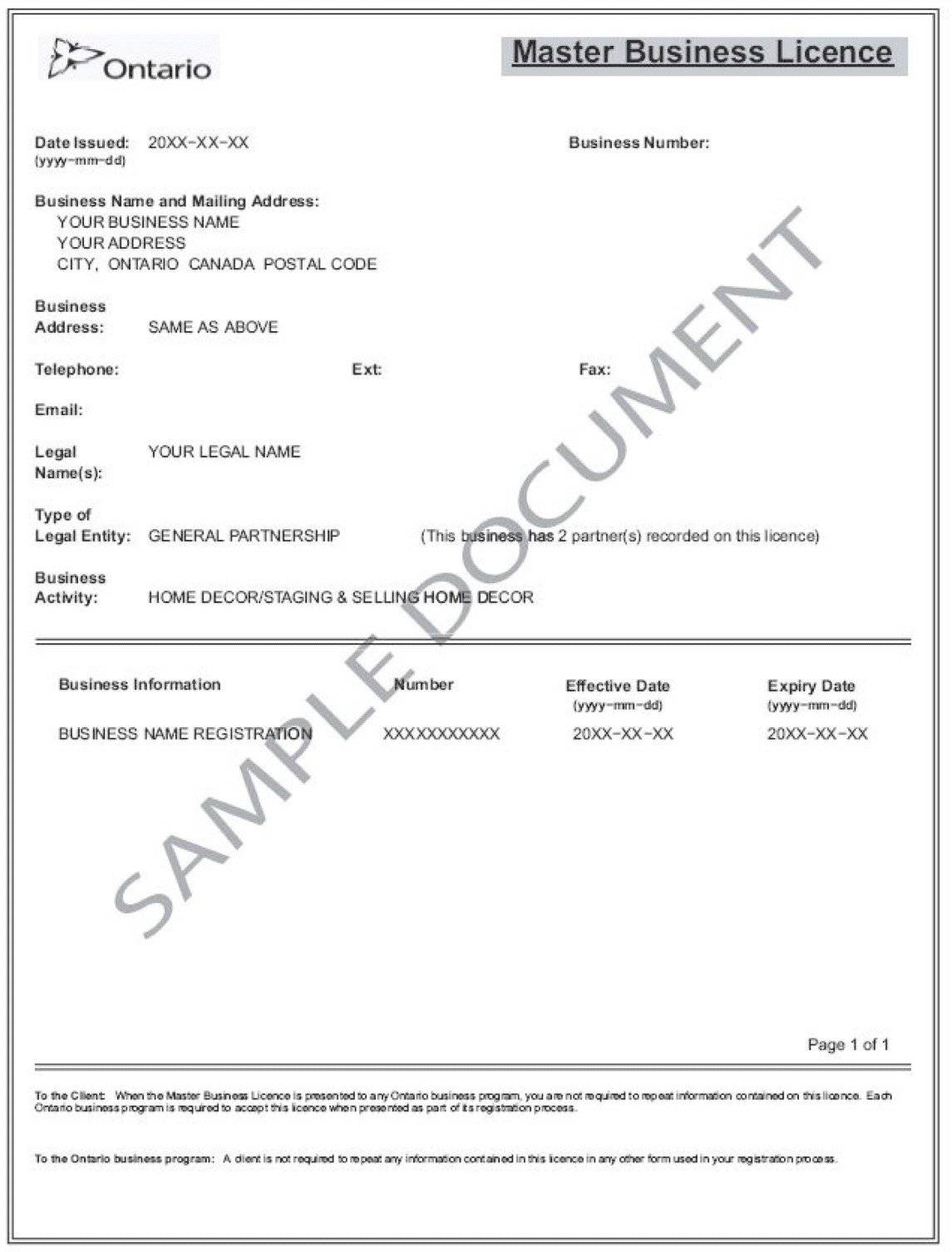 Ontario Master Business Licence Sample