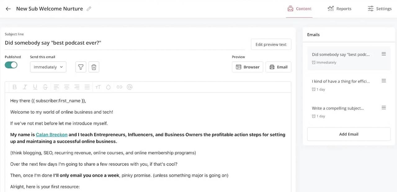 Kit New Subscriber email sequences and email broadcasts