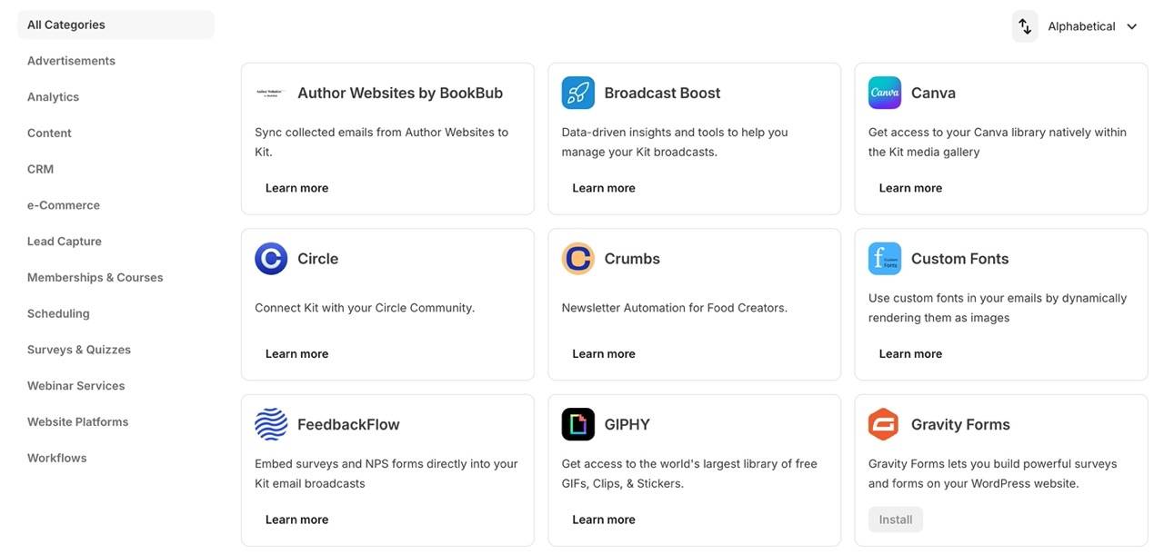 Kit eCommerce integrations with CRM tools as well as online courses options for content creator