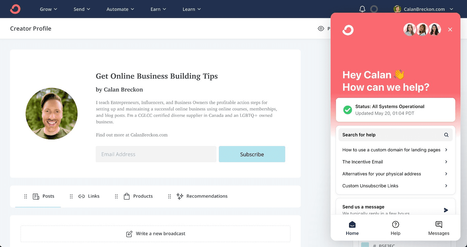 Convertkit Support channels with documentation and tutorials and live chat support