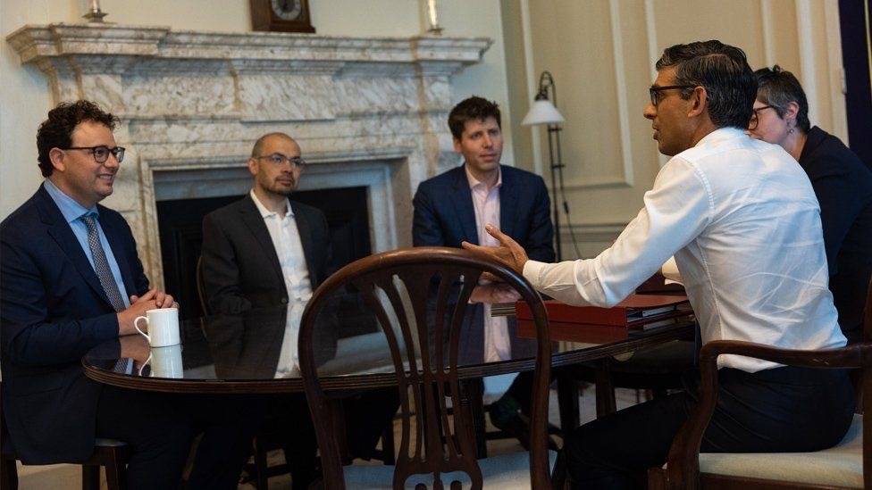 Rishi Sunak (pictured right) engaged in a roundtable discussion with several CEOs, including Sam Altman (pictured centre). Source: BBC.